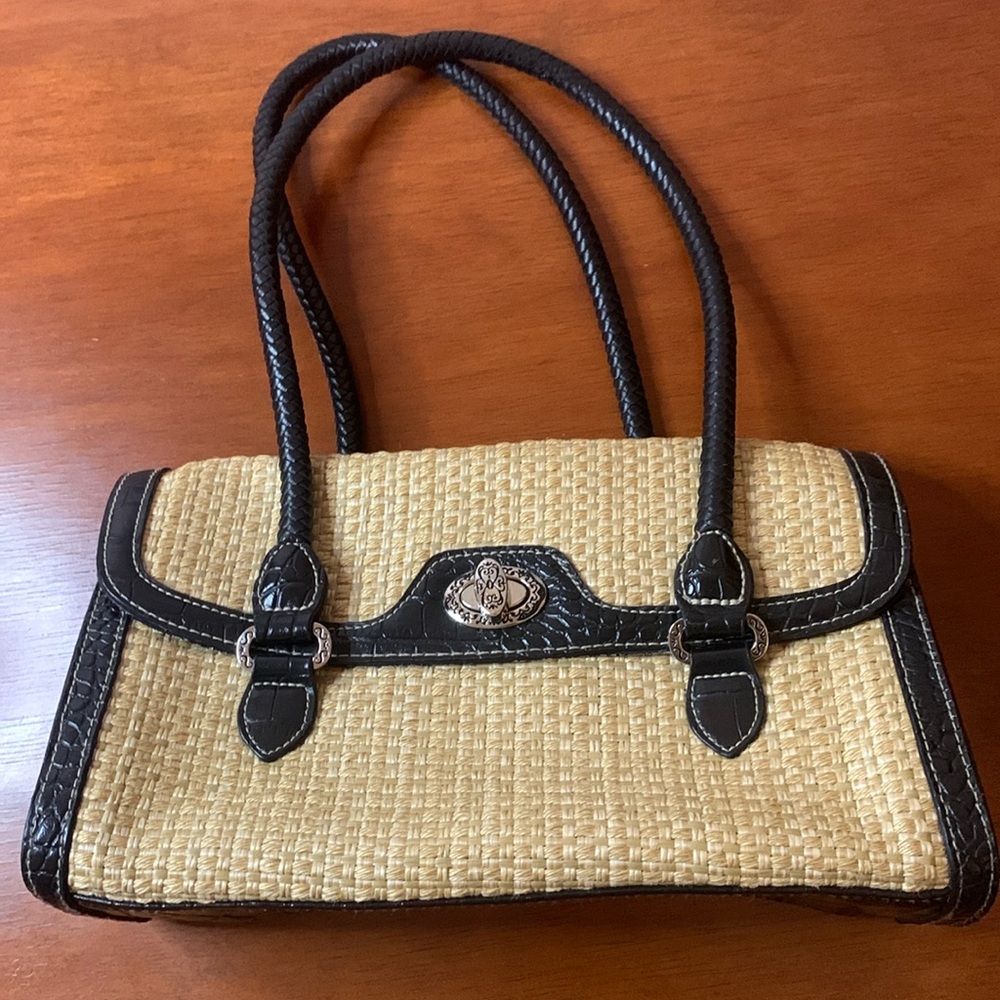 Ladies Handbag Black Handle Soft Beige Cloth